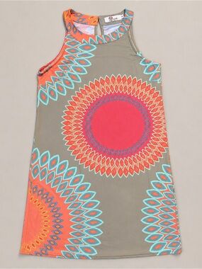 Aryeh Taupe Midi Dress with Coral and Aqua Medallions